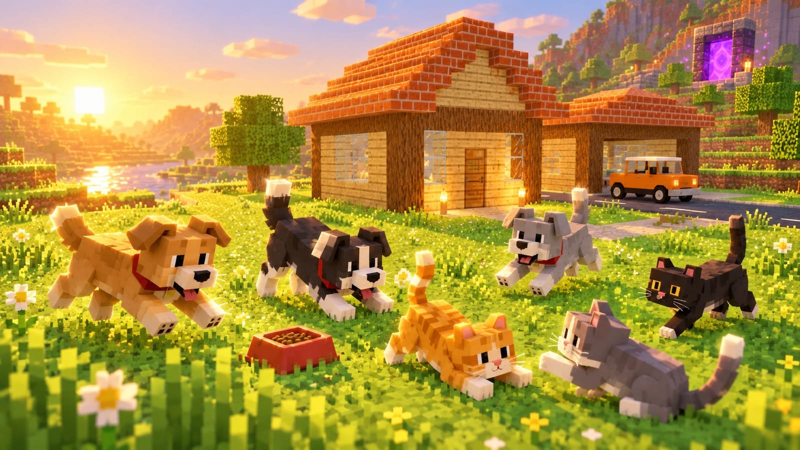 Cachorros e gatos de blocos brincando no gramado