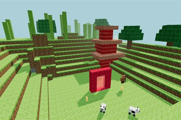China no Vale dos Blocos: pagode vermelho, bambus, pandas e o portal de rubi