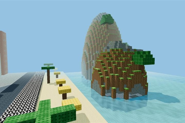 Rio de Janeiro no Vale dos Blocos: calçadão de ondas, praia com guarda-sóis e o Pão de Açúcar saindo do mar